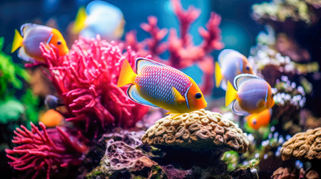 Colourful tropical fish in tank.Aquarium full of fishes and plants. Tank filled with water for keeping live underwater animals. AI generatedの素材