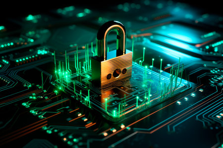 Internet digital security technology concept, padlock on circuit board.Cyber Security Digital Data Network Protection. AI generatedの素材