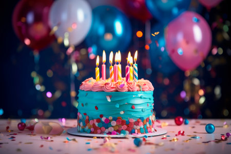 A vibrant and festive background image for a birthday celebration. Birthday cake with candles, bright lights, balloons and confetti. AI generatedの素材