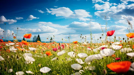 Beautiful natural panoramic countryside landscape. Blooming wild high grass in nature on warm summer. Pastoral scenery. AI generatedの素材