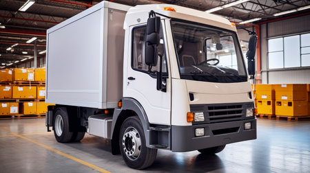 White truck in the warehouse with boxes. Inside of logistics warehouse, delivery truck loading with cardboard boxes. Truck Delivering Online Orders, Purchases, E-Commerce Goods, Wholesale Merchandise.AI generatedの素材