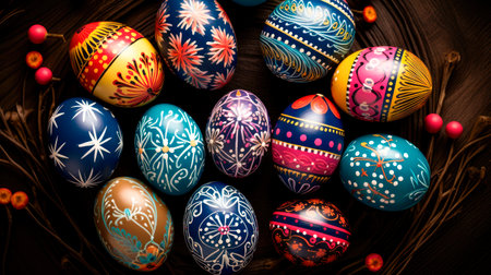 Happy Easter.Colorful hand painted decorated Easter eggs. Handmade Easter craft. DIY Festive traditional symbols. AI generatedの素材