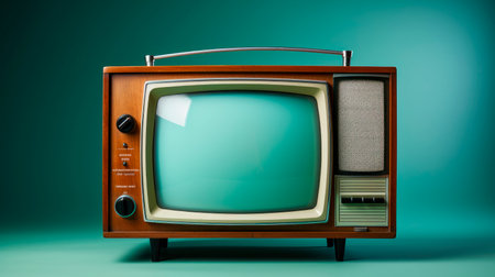 Retro old TV receiver on a blue background. Vintage tv with wooden case. AI generatedの素材