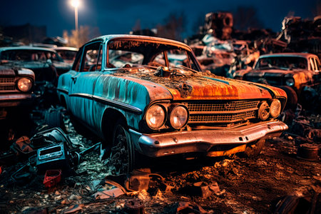 Pile of old damaged rusty cars on the junk yard waiting for recycling. Old abandoned vehicles, crushed cars in scrapyard, needed to be utilised and reused to protect nature and environment, metal recycling concept.AI generatedの素材