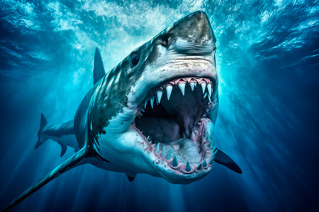 Great white shark attack the camera underwater in the depths of the ocean. Great white shark with open mouth. Watch out sharks. Marine dangerous predator. AI generatedの素材