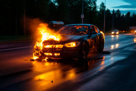 A fire on the road where the car burns after accident. A car is on fire on the side of the road. AI generatedの素材