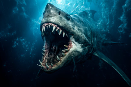 Great white shark attack the camera underwater in the depths of the ocean. Great white shark with open mouth. Watch out sharks. Marine dangerous predator. AI generatedの素材