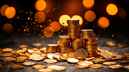 Pile of golden coins stacked up high on top of each other.Golden coins stacks. Lots money, finance business profits and wealth gold coin pile.AI generatedの素材