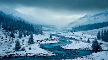 Winter in the valley. Fast non-freezing mountain river on a frosty day against the background of the snow-capped mountains. AI generatedの素材