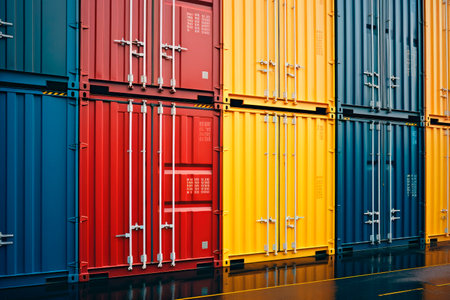 Shipping containers lined up. Logistics of international container cargo shipping in container yard.Freight transportation, International global shipping.AI generatedの素材