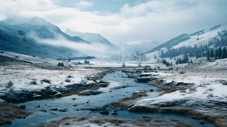 Winter in the valley. Fast non-freezing mountain river on a frosty day against the background of the snow-capped mountains. AI generatedの素材