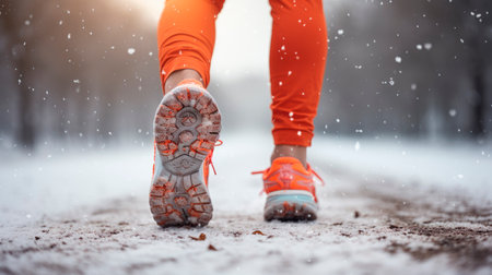 Back view of woman legs with sport shoes jogging in snow. Sporty legs in sneakers in the snow.Fitness, sport,  and healthy lifestyle concept - close up of female feet running along winter road and snow. AI generatedの素材