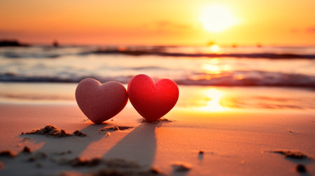 Two red hearts on the tropical beach sand against the background of the ocean on a setting sun. Two valentines hearts on the summer beach. Valentines day. AI generatedの素材