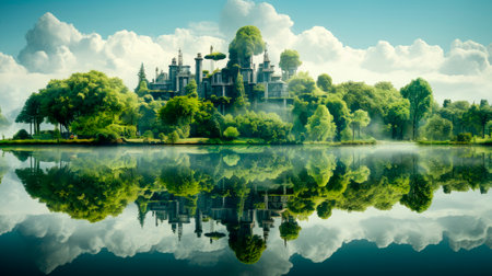 Island with green cityscape and sustainable buildings, lush trees, green architecture. Ideal for promoting environmental awareness and green lifestyle. AI generatedの素材