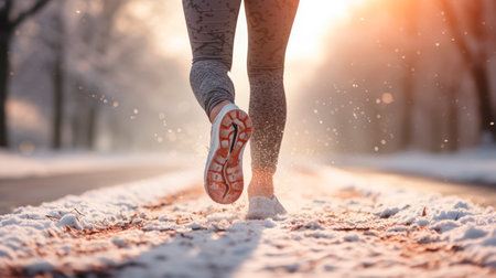 Back view of woman legs with sport shoes jogging in snow. Sporty legs in sneakers in the snow.Fitness, sport,  and healthy lifestyle concept - close up of female feet running along winter road and snow. AI generatedの素材