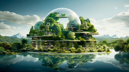 Island with green cityscape and sustainable buildings, lush trees, green architecture. Ideal for promoting environmental awareness and green lifestyle. AI generatedの素材