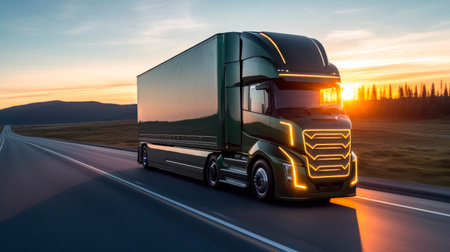 Futuristic electric truck on the highway during sunset. Fully autonomous semi truck driving fast on scenic sunset highway. Futuristic technology concept: autonomous self-driving truck with cargo trailer. AI generatedの素材