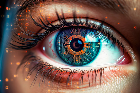 Abstract high tech eye concept. Modern cyber woman with technolgy eye looking. Vision in a digital world, closeup of eye superimposed with digital reading of a lens. AI generatedの素材