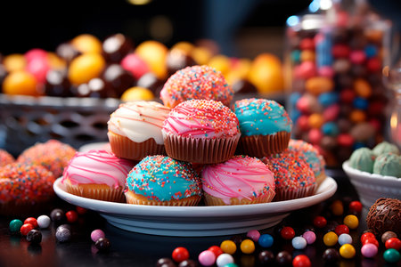 An assortment of colourful,sweets,candy and cup cakes. Unhealthy products bad for figure, skin, heart and teeth. Assortment of fast carbohydrates food. AI generatedの素材