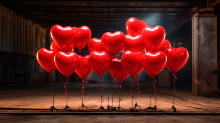 Heart shaped helium balloons on a industrial warehouse background. Group of red heart balloons in empty abandoned factory. AI generatedの素材