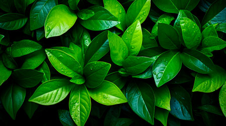 Background of fresh green leaves of citrus plants with water drops. Green leaf texture. Leaf texture background. AI generatedの素材