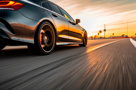 A black car is driving down the street at high speed. Abstract photography of a fast moving car on a speed blurred background. AI generatedの素材