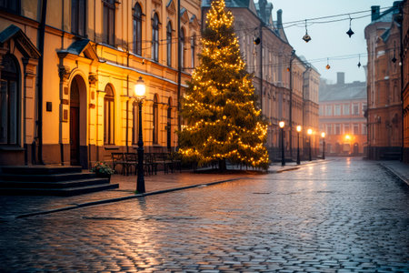 Christmas tree in empty old city at quiet morning, while all people sleeping at home. Christmas tree and the Old Town Square. AI generatedの素材
