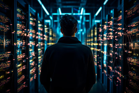 In Dark Data Center-Back View of IT Specialist Stands Beside the Row of Operational Server Racks. Concept for Cloud Computing, Artificial Intelligence. AI generatedの素材