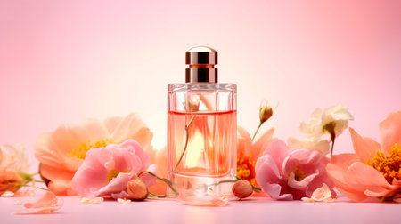 Still life composition with perfume and pink flowers. Perfumery cosmetics toilet water fragrance. AI generatedの素材