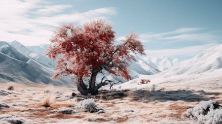 First snow in the autumn mountains with a single tree with red leaves. AI generatedの素材