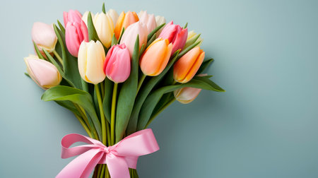 Spring tulip flowers with a pink ribbon. Greeting for Womens or Mothers Day or Spring Sale Banner. AI generatedの素材