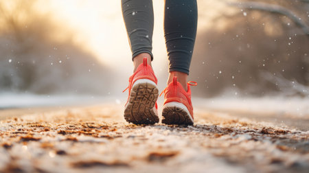 Sporty legs in a sneakers in the first snow. Fitness, sport and healthy lifestyle concept - close up of female feet running along winter road and snow. AI generatedの素材