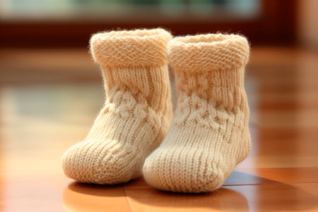 Tiny wool socks for baby, looks so comfortable. Pregnancy and motherhood concept, first birthday banner, handmade socks, baby warm clothes, handmade knitted socks. AI generatedの素材