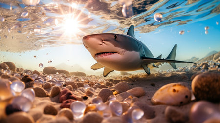 A shark swimming in shallow water. AI generatedの素材