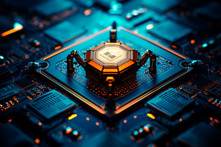 Futuristic electronic circuit board close up. Hardware and engineering concept. AI generatedの素材