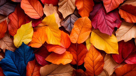 Closeup beautiful colorful fallen leaves on the ground.Autumn natural background.AI generatedの素材