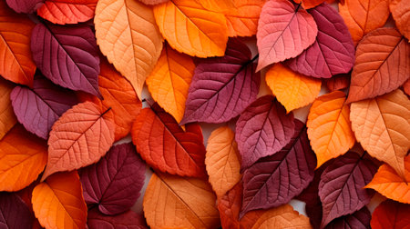 Closeup beautiful colorful fallen leaves on the ground.Autumn natural background.AI generatedの素材