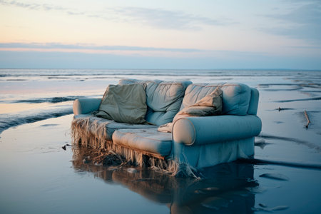 An empty old sofa on the beach with incoming tide. Broken couch thrown away at the edge of a sea. AI generatedの素材