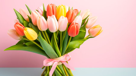 Beautiful tulips for Mother Day on a light background. AI generatedの素材