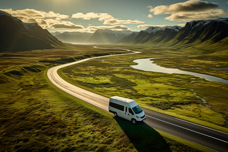 Motorhome camper van road trip. Tourists in campervan by view of mountains in beautiful nature landscape at sunset. AI generatedの素材