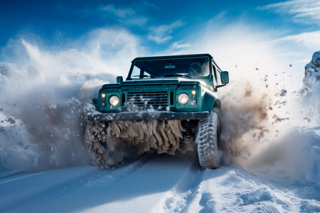 Car in the winter field. Off-road winter snow drifts. Extreme sport. AI generatedの素材