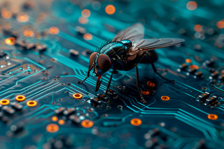 Close-up of house fly on the computer circuit board. Spying technology concept. AI generatedの素材