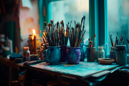 Old ceramic mugs full of many paintbrushes of all size. Artist workshop. AI generatedの素材