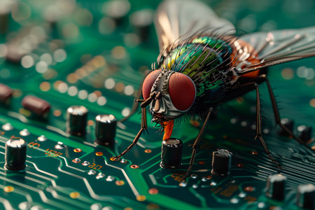 Close-up of house fly on the computer circuit board. Spying technology concept. AI generatedの素材