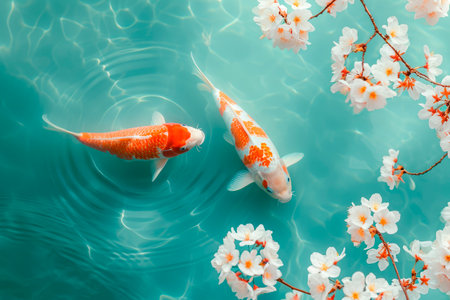 Zen like meditative image of two Koi goldfish in a light blue water. The beautiful koi fish in pond in the garden. AI generatedの素材