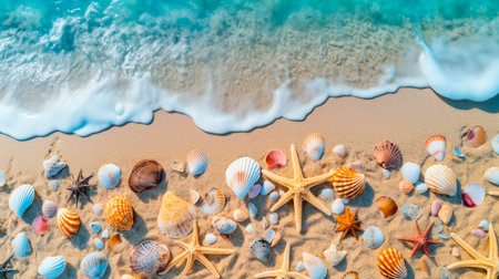 Sea coast with sand, ocean wave, shells and star fish, top view.  Paradise island, exotic tropical beach. AI generatedの素材