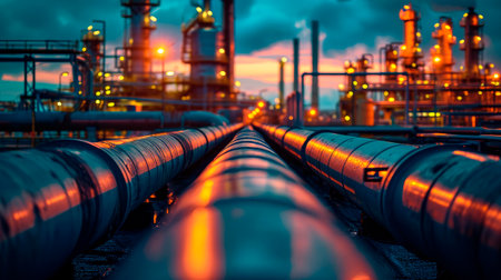 Steel long pipes in crude oil factory during sunset. Oil refineries in the night. AI generatedの素材