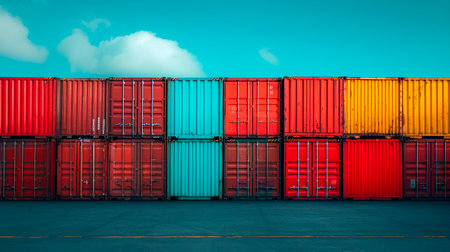 Colorful containers stacked in a port. Old shipping containers stacked at a commercial port. AI generatedの素材