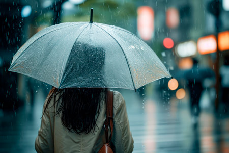 Back view of woman walking in the street with transparent umbrella on a rainy day. AI generaedの素材