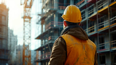 Back view of builder man looking at construction site. Back view at construction worker wearing hardhat while standing at high rise building. AI generatedの素材